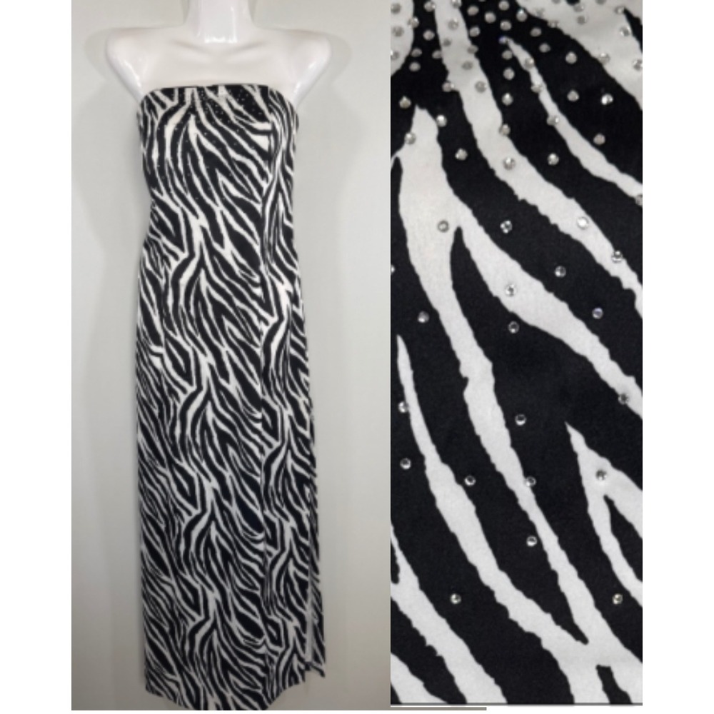 Jessica McClintock Gunne Sax Zebra Rhinestone Strapless Maxi Dress Women's 2 Y2K